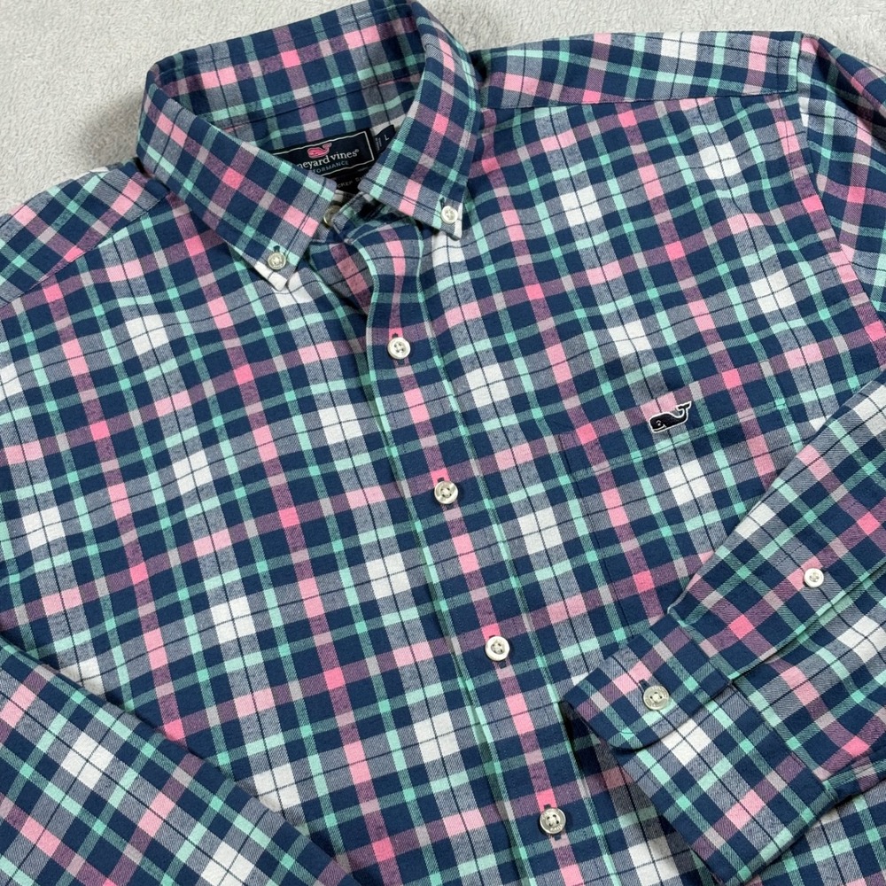 Vineyard Vines Performance Classic Fit Tucker Shirt Mens Large Plaid Navy Pink